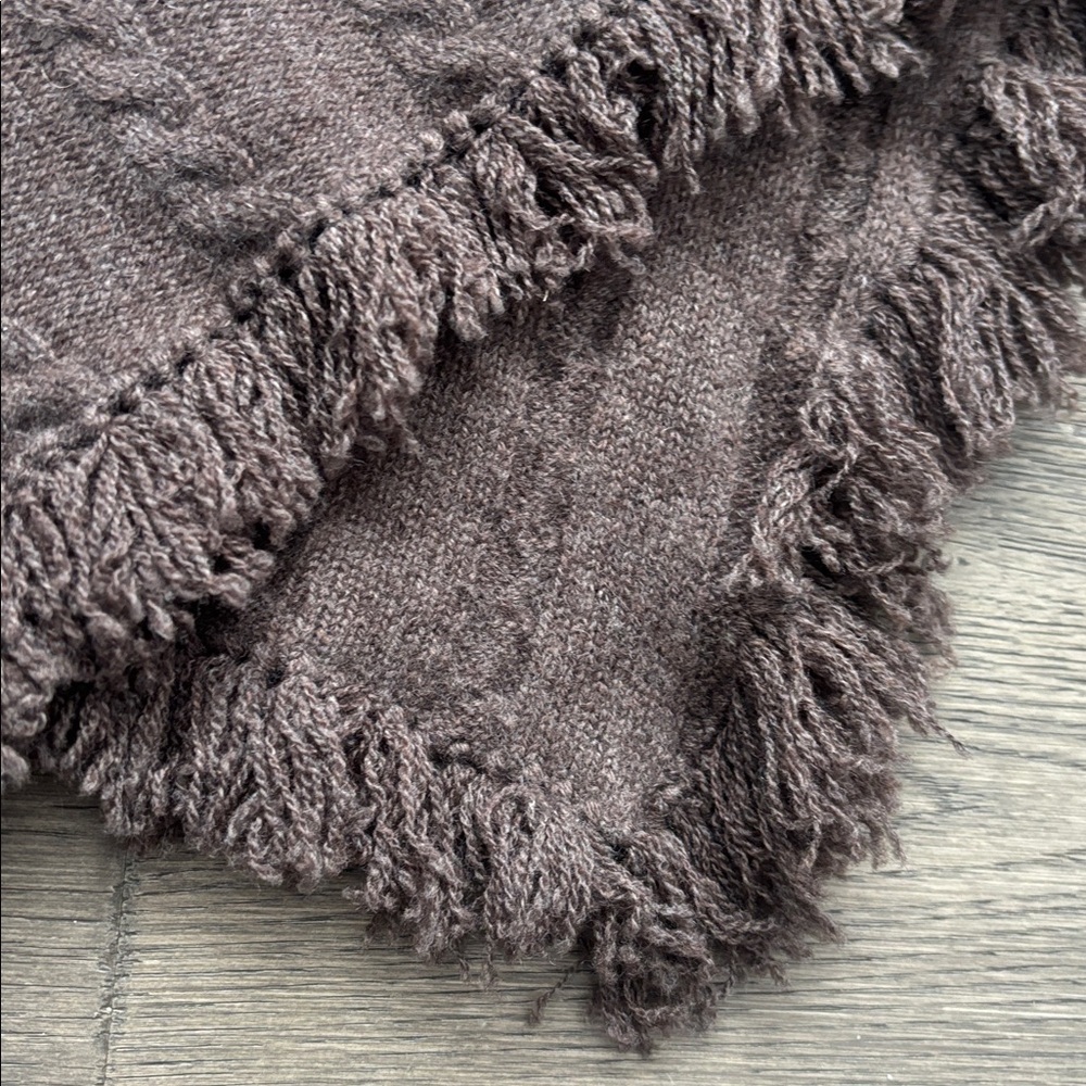 Raffi |100% Cashmere Chocolate Brown Cable Knit Scoop Neck Sweater Fringe Hem SM - Picture 7 of 14